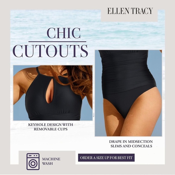 Ellen Tracy High Neck Key Hole One Piece black swimsuit medium 8 slimming sexy - Picture 2 of 11